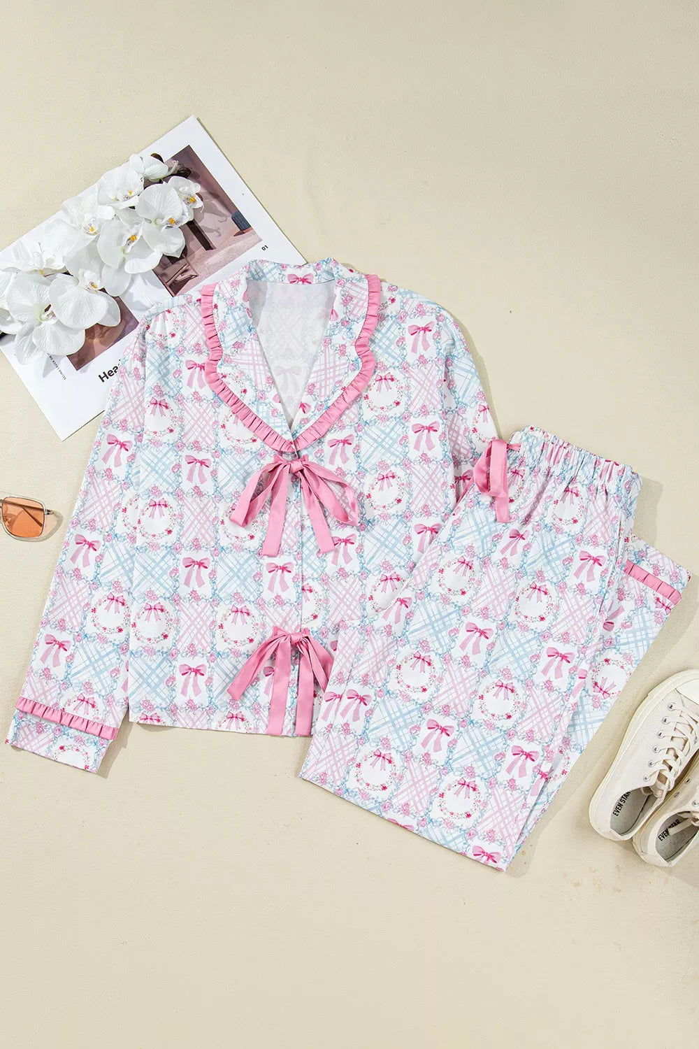 Wreath Pattern Christmas Tied Front Long Sleeve 2pcs Pajama Set OutfitFlow