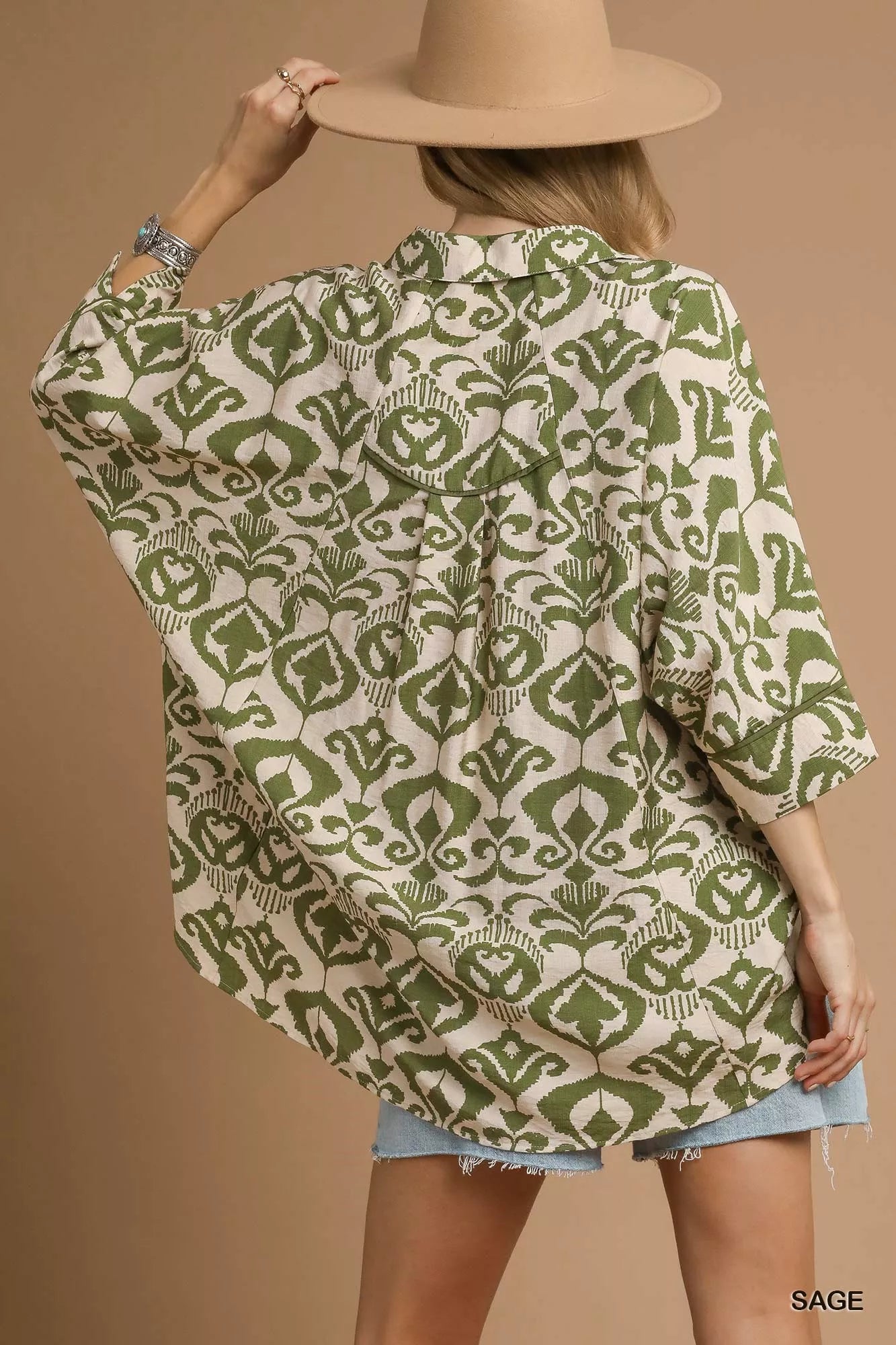 Umgee Abstract Print Button-Up Oversized Shirt OutfitFlow