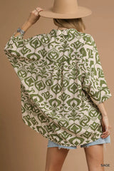 Umgee Abstract Print Button-Up Oversized Shirt OutfitFlow
