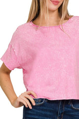Zenana Washed Crew Neck Short Sleeve Crop Box Tee OutfitFlow