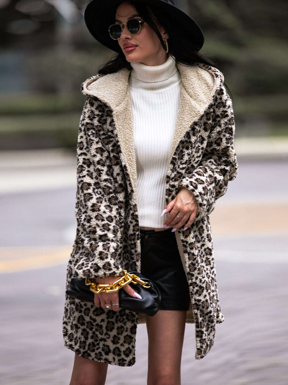 Shiny Leopard Hooded Coat with Pockets OutfitFlow