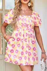 Floral Square Neck Puff Sleeve Pleated Flared Midi Dress OutfitFlow