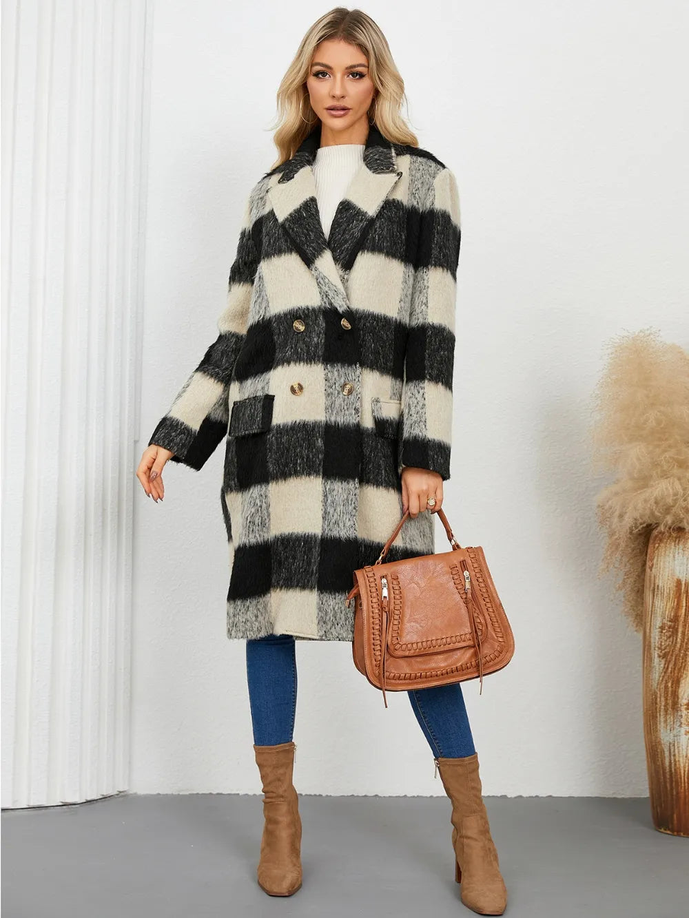 Plaid Double-Breasted Long Sleeve Coat Trendsi