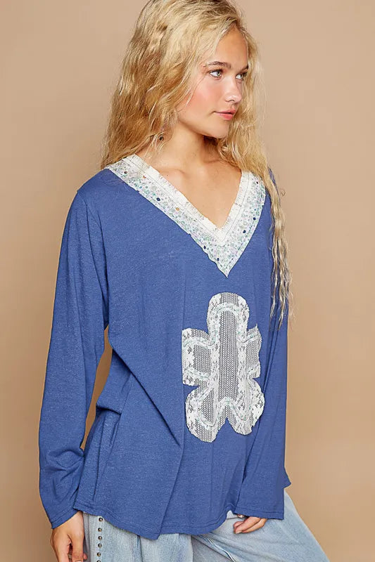 POL Lace Flower Patch Long Sleeve T-Shirt OutfitFlow
