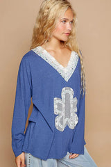 POL Lace Flower Patch Long Sleeve T-Shirt OutfitFlow