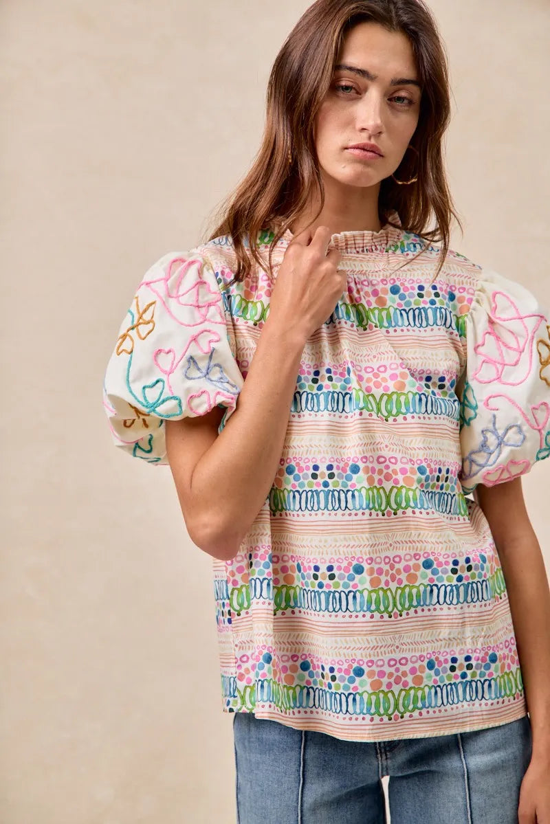 BiBi Ruffle Neckline Blouse With Embroidery Bubble Sleeve OutfitFlow