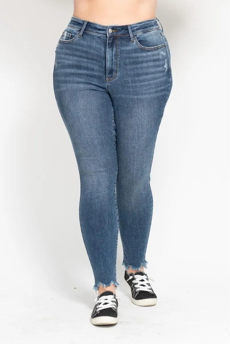 Judy Blue Plus Size High Waist Skinny with Destroy & Shark Bit Hem Medium OutfitFlow