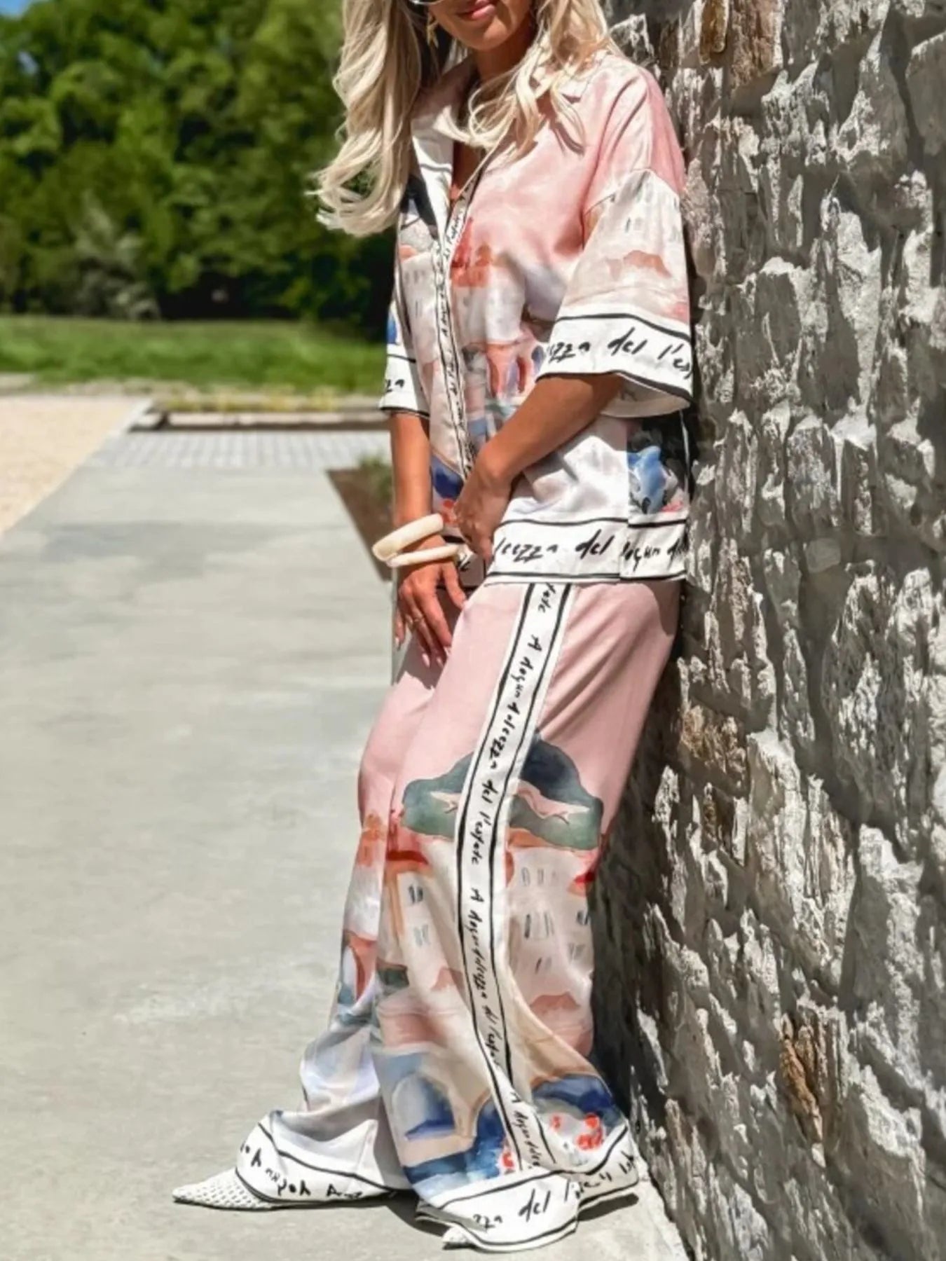 Printed Button Up Top and Pants Set OutfitFlow