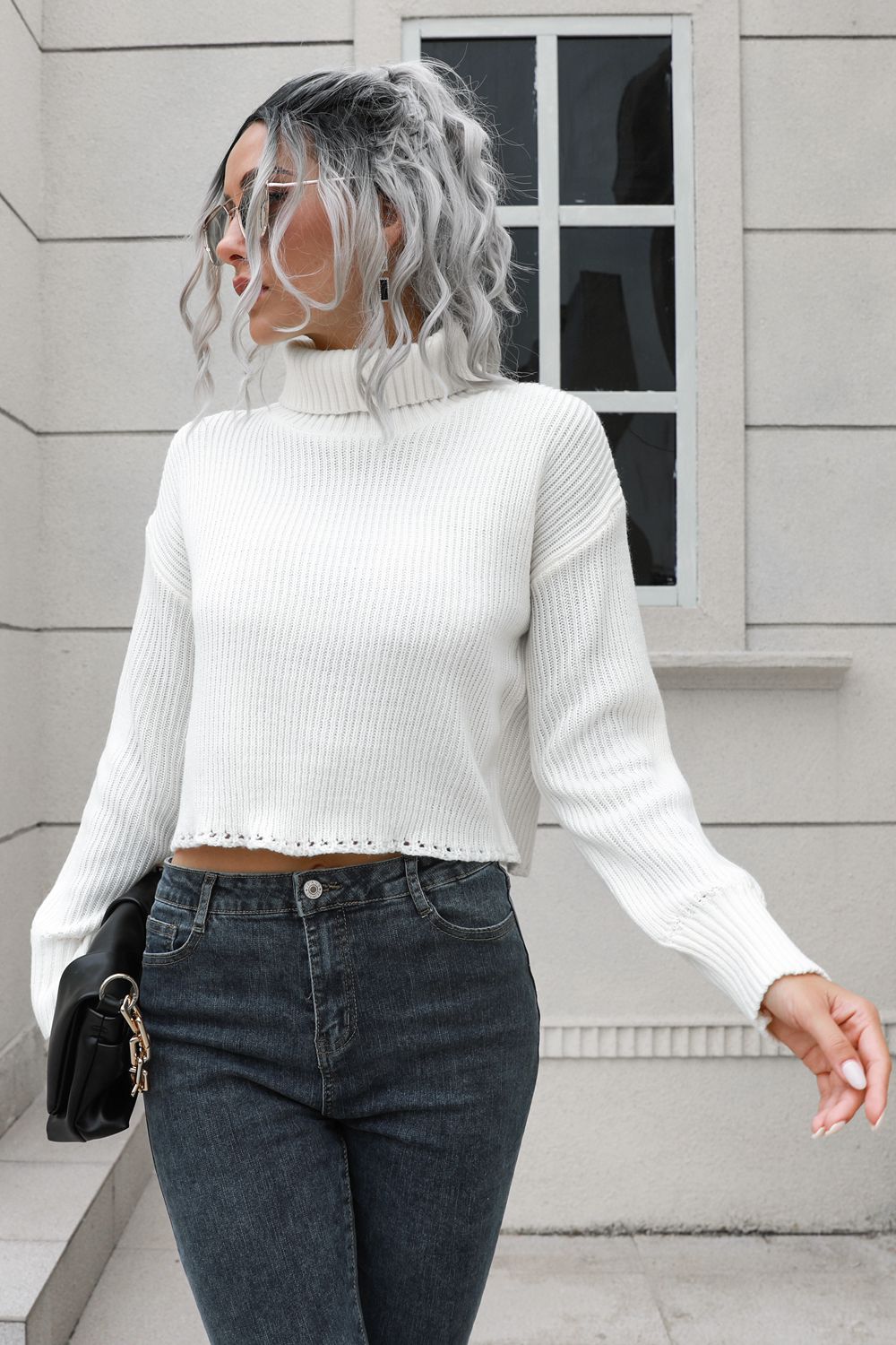 Turtleneck Dropped Shoulder Sweater Trendsi
