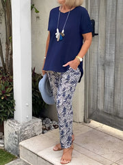 Full Size Round Neck Short Sleeve Top and Pants Set Plus Size Dark Blue OutfitFlow