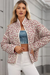 Floral Snap Down Mock Neck Coat Burgundy Trendsi