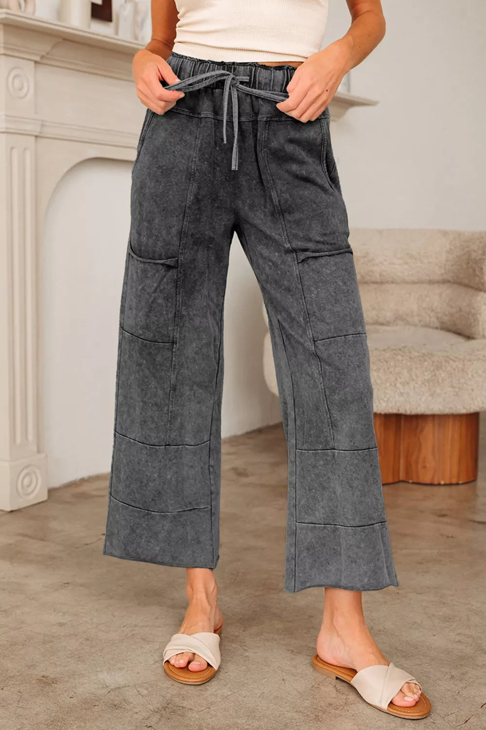 Mineral Wash Lace-up High Waist Raw Hem Patched Pocket Pants Dark Gray OutfitFlow