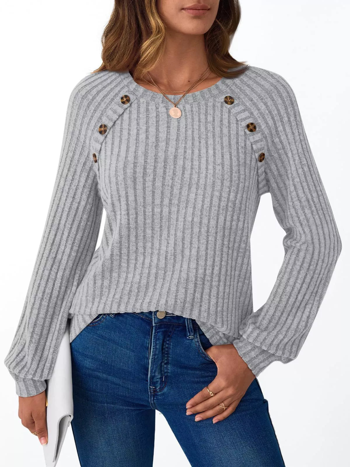Ribbed Knit Decor Button Long Sleeve T-Shirt OutfitFlow