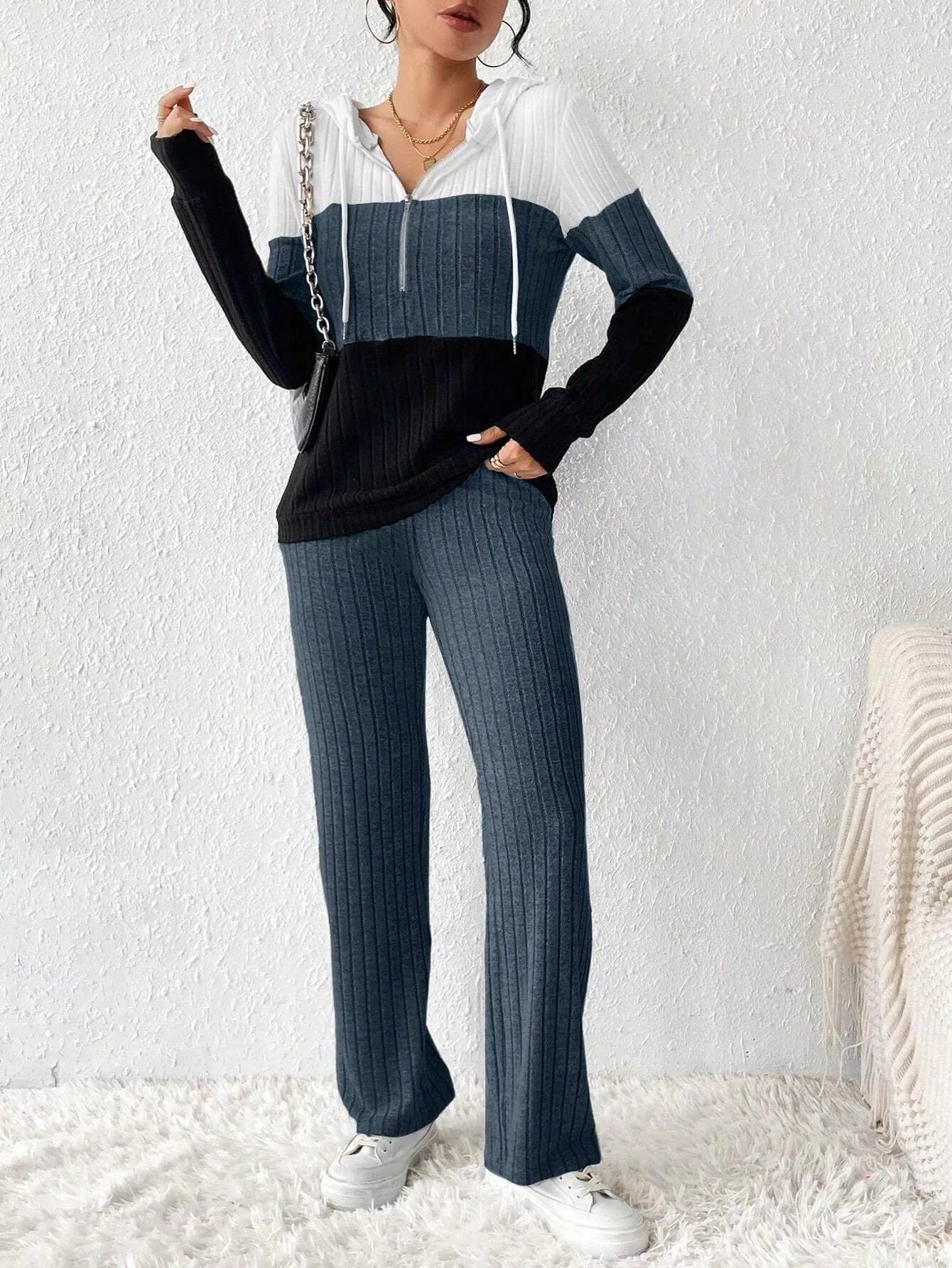 Color Block Half Zip Hooded Top and Pants Set OutfitFlow