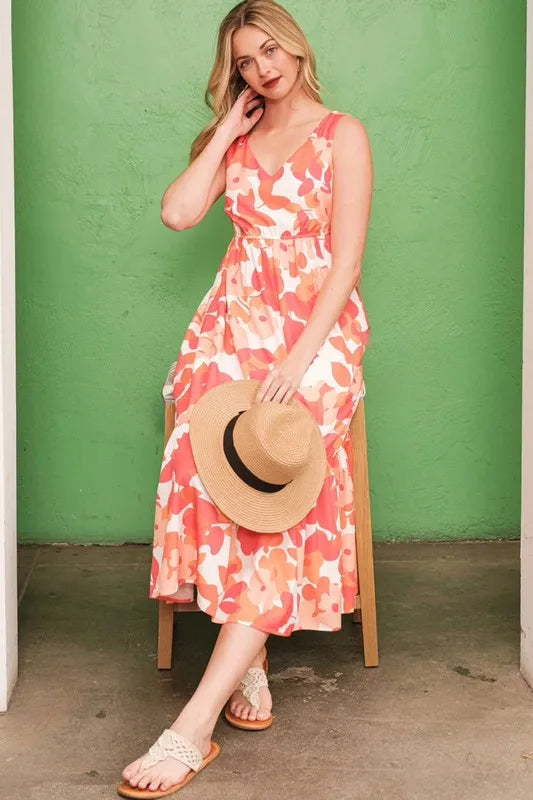 Lime 'N' Chili Sleeveless Floral Print V-Neck Midi Dress OutfitFlow