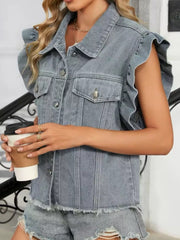 Ruffled Raw Hem Button Up Denim Jacket OutfitFlow