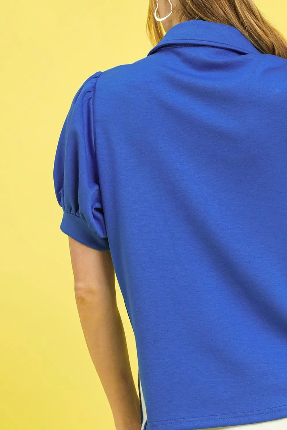 Umgee Side Zip Striped Puff Sleeve Polo OutfitFlow