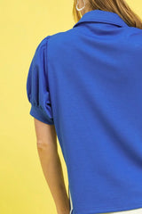 Umgee Side Zip Striped Puff Sleeve Polo OutfitFlow