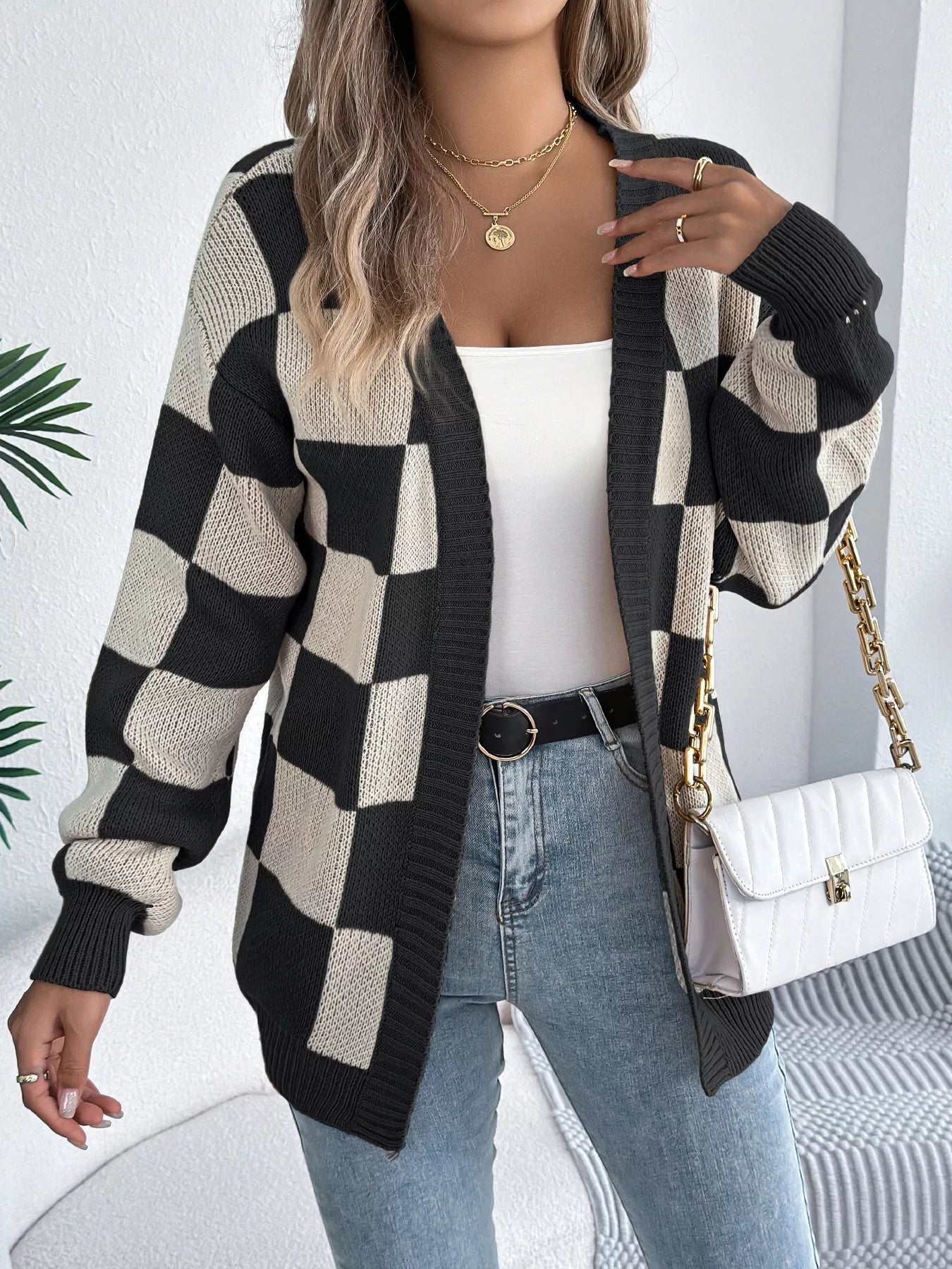 Checkered Pattern Open Front Cardigan Black OutfitFlow