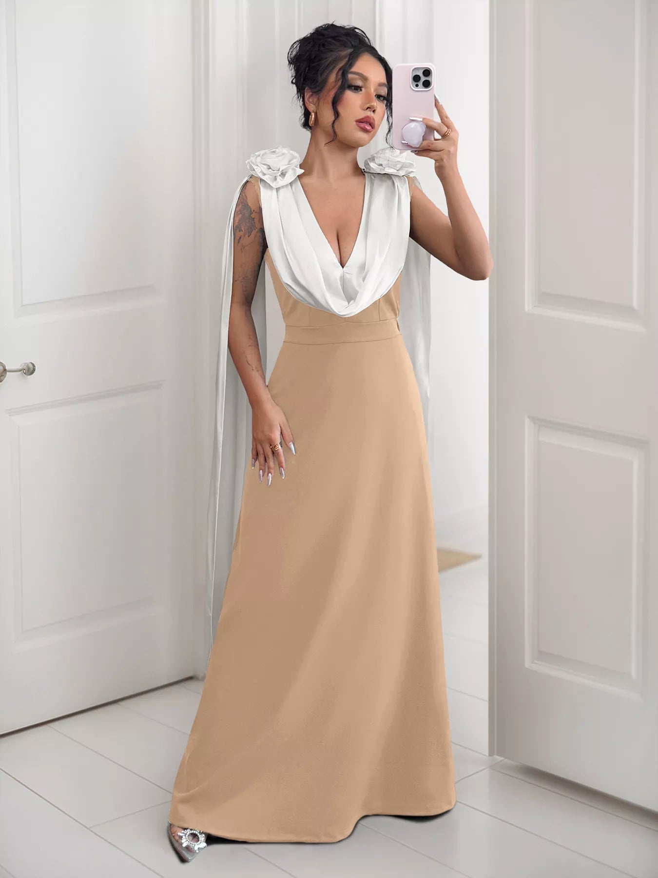 Floral Applique Two Tone Maxi Dress OutfitFlow