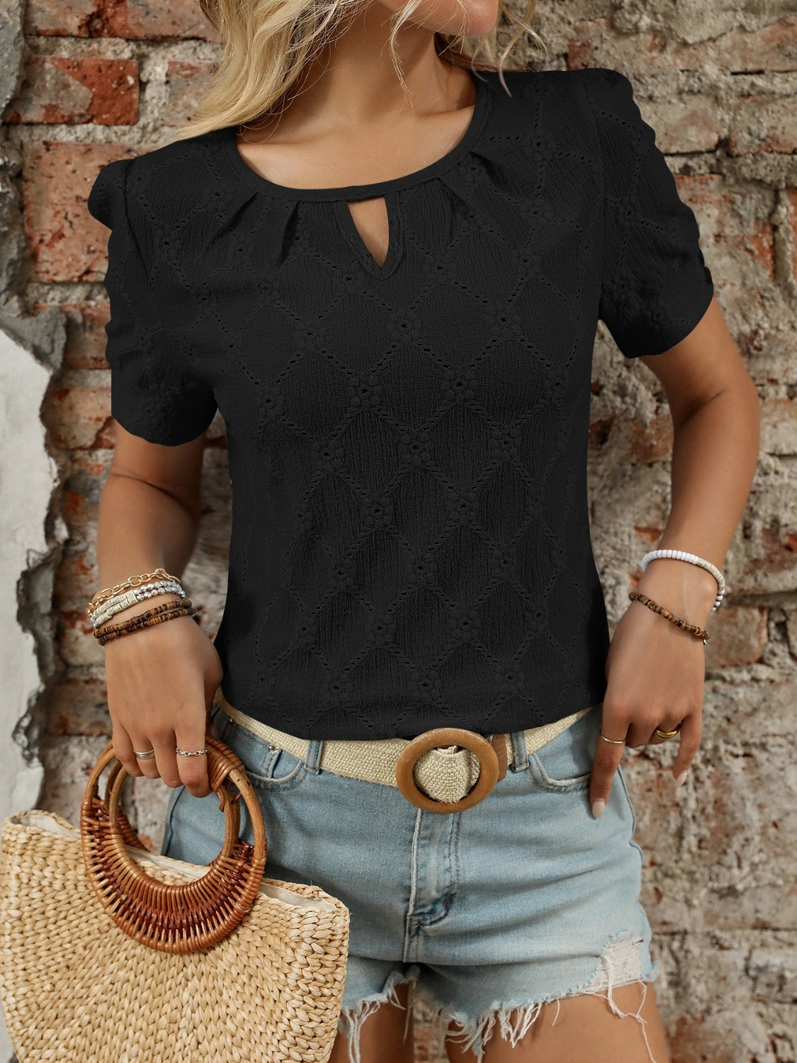 Eyelet Round Neck Short Sleeve Top Black OutfitFlow