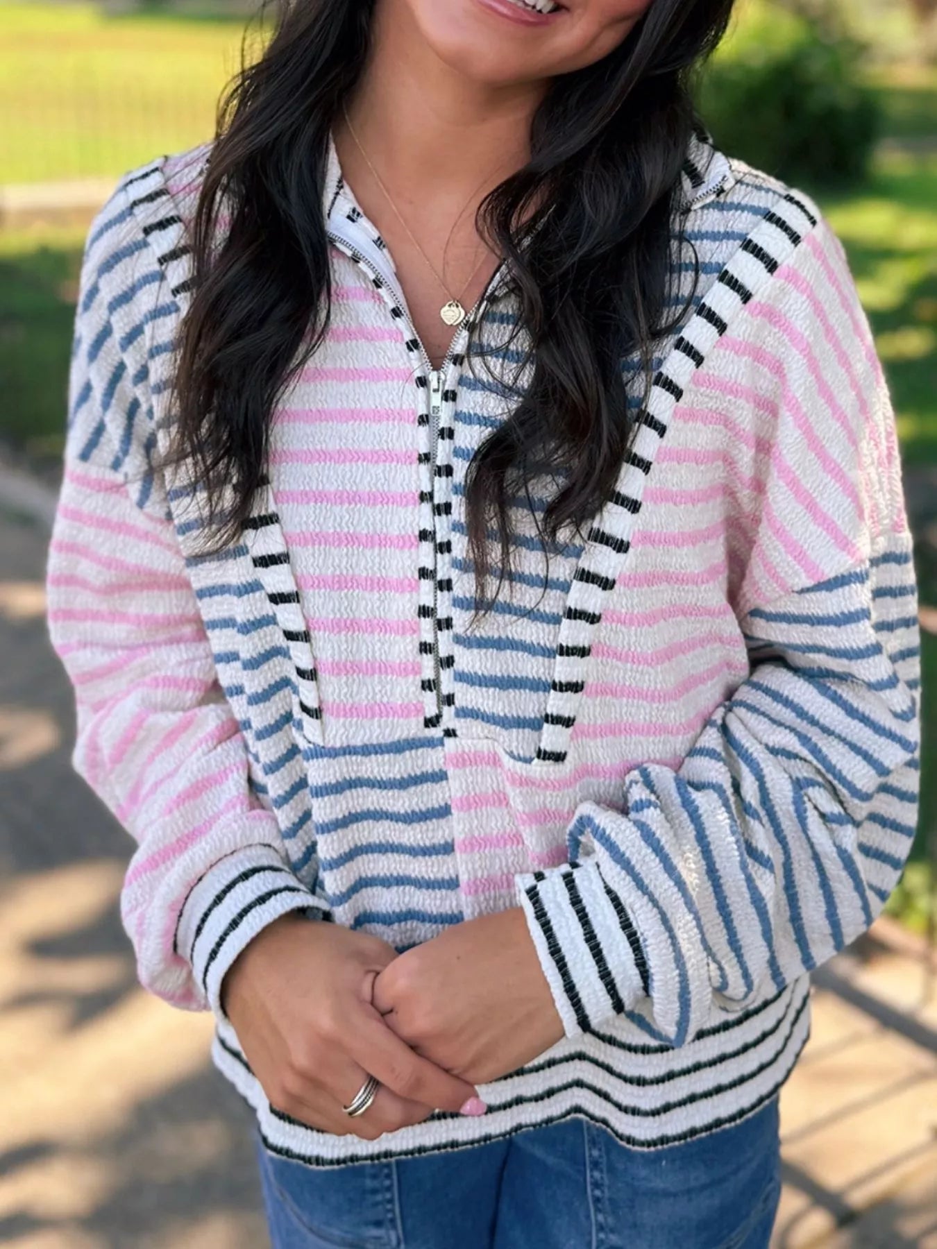 Striped Color Block Patchwork Half Zip Drop Shoulder Long Sleeve Top OutfitFlow