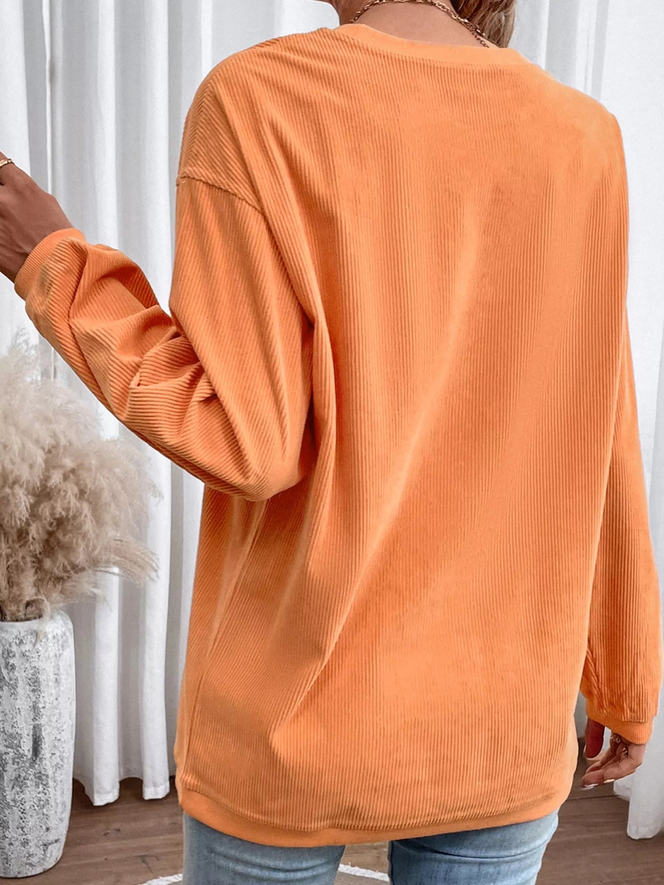 Halloween Sequined Pumpkin Ribbed Round Neck Sweatshirt OutfitFlow