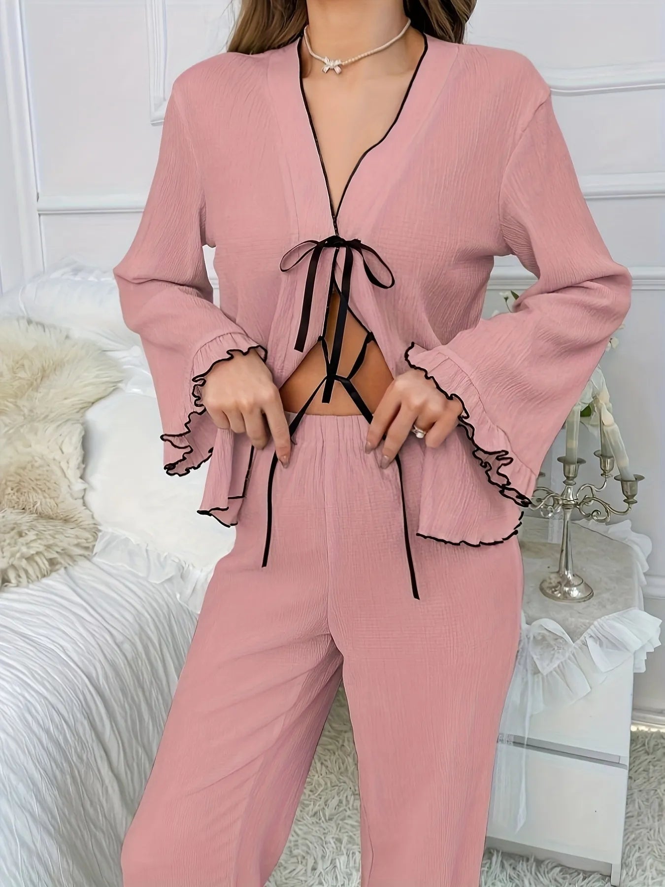 Contrast Trim Bow Tie Shirt and Pants Lounge Set OutfitFlow