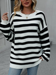 Striped Dropped Shoulder Sweater White OutfitFlow