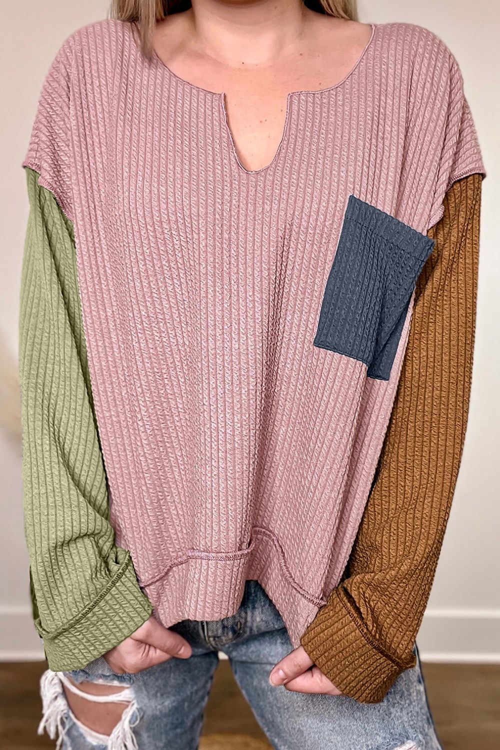 Outfit Flow - Color Block Textured Notched Long Sleeve Top