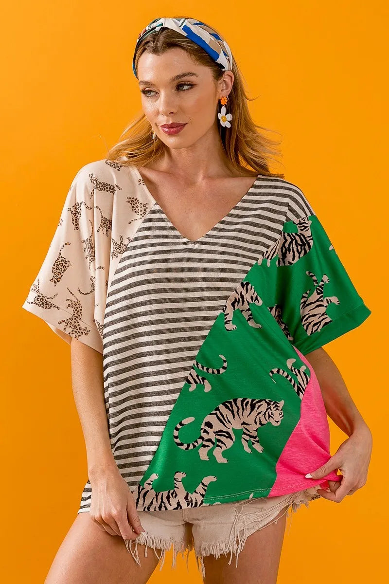 BiBi Tiger W Stripe Contrast Color Block V Neck Top OutfitFlow