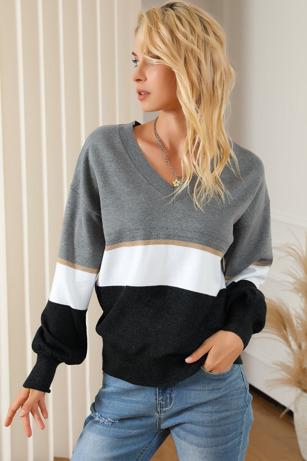 Outfit Flow - Color Block V Neck Long Sleeve Sweater