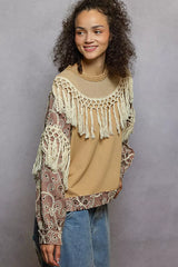 POL Contrast Floral Embroidery Balloon Sleeve Top with Tassel Trim OutfitFlow