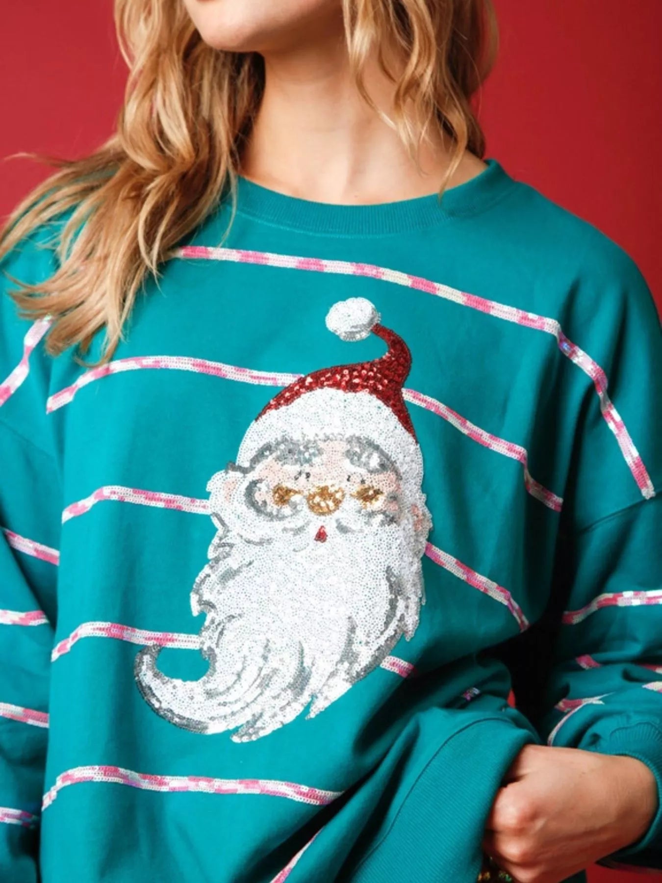 Christmas Santa Striped Long Sleeve Sweatshirt OutfitFlow