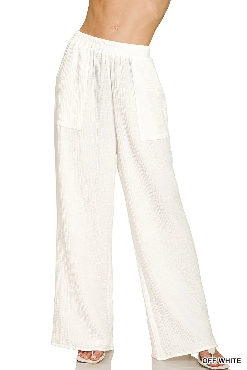 Zenana Double Gauze Elastic Band Pants OFF WHITE Trendsi