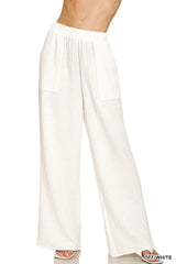 Zenana Double Gauze Elastic Band Pants OFF WHITE Trendsi