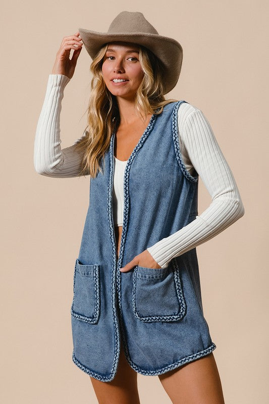 Outfit Flow - BiBi Braided Trim Open Front Denim Vest with Pockets