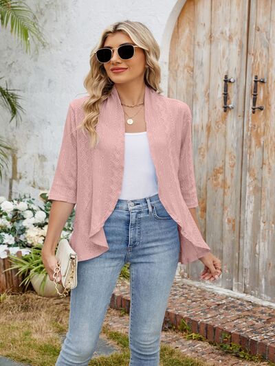 Eyelet Open Front Three-Quarter Sleeve Top Dusty Pink OutfitFlow
