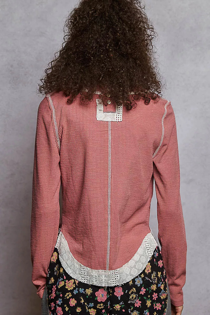 POL Contrast Round Neck Long Sleeve Ribbed Top with Eyelet Patch OutfitFlow