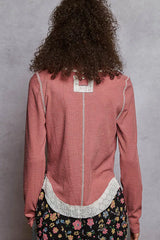 POL Contrast Round Neck Long Sleeve Ribbed Top with Eyelet Patch OutfitFlow