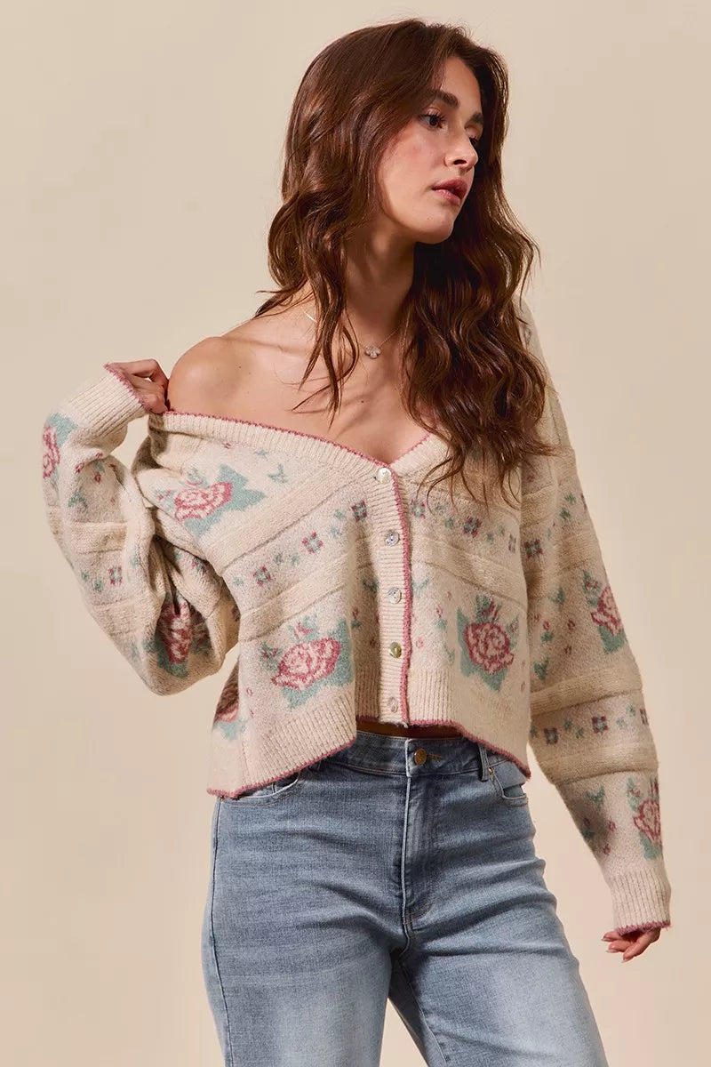 SO ME Floral Pattern Long Sleeve Button Sweater Cardigan OutfitFlow