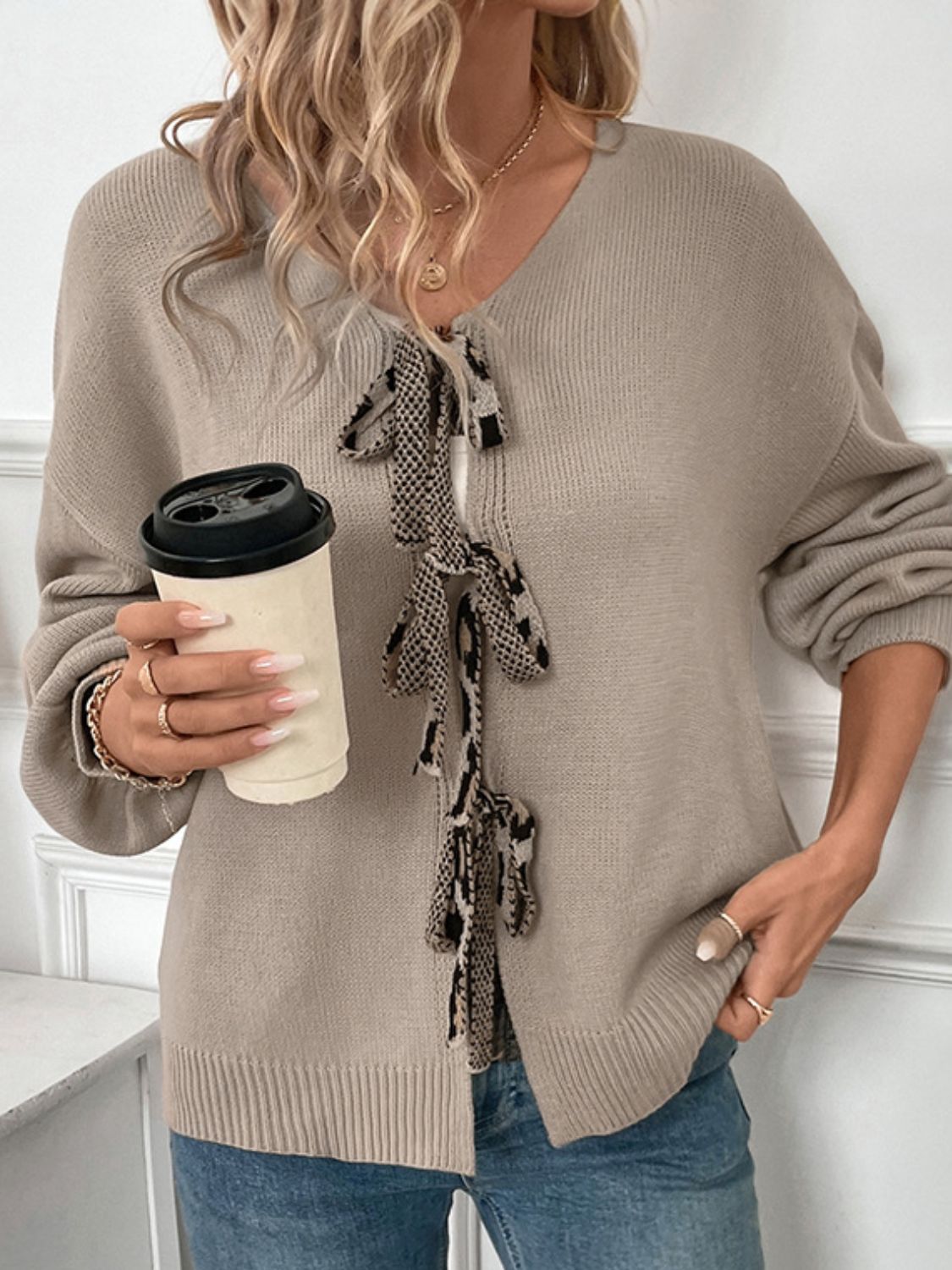 Outfit Flow - Perfee Tied Contrast Heart V-Neck Long Sleeve Cardigan