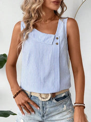 Decorative Button Asymmetrical Striped Tank OutfitFlow