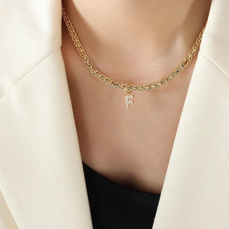 Brass Inlaid Zircon Letter Pendant Necklace Style F One Size OutfitFlow