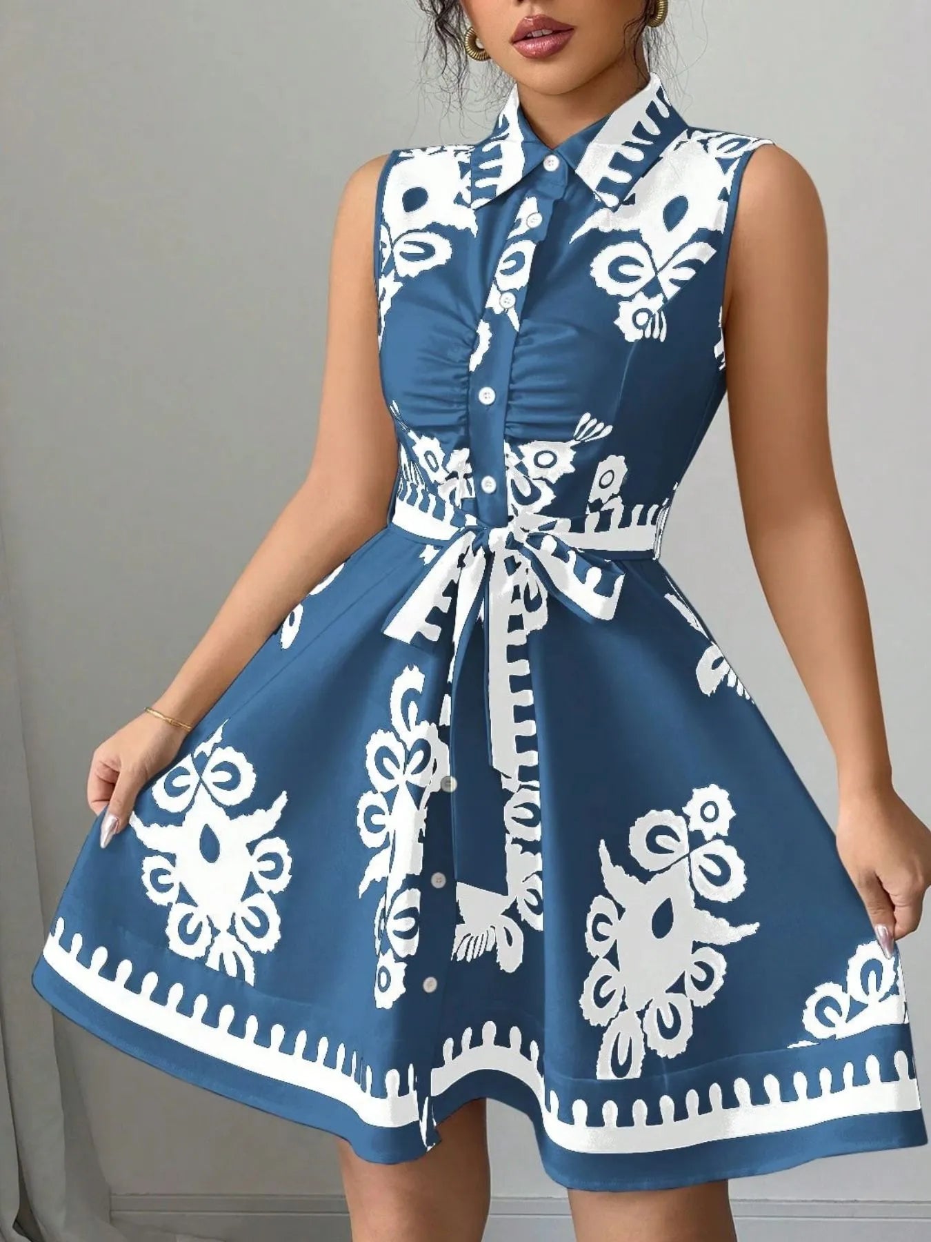 Printed Sleeveless Tie Waist Mini Dress OutfitFlow