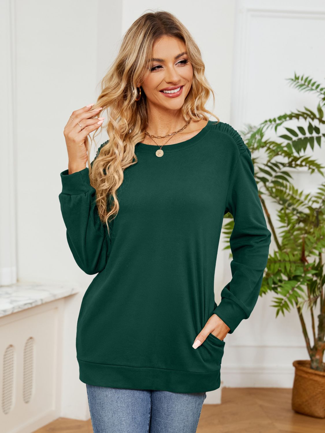 Outfit Flow - Ruched Shoulder Round Neck Long Sleeve Sweatshirt