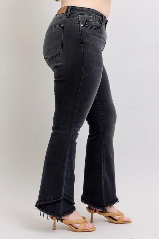 Judy Blue Full Size High Waist Flare W/ Mock Fray Tulip Hem Plus Size OutfitFlow
