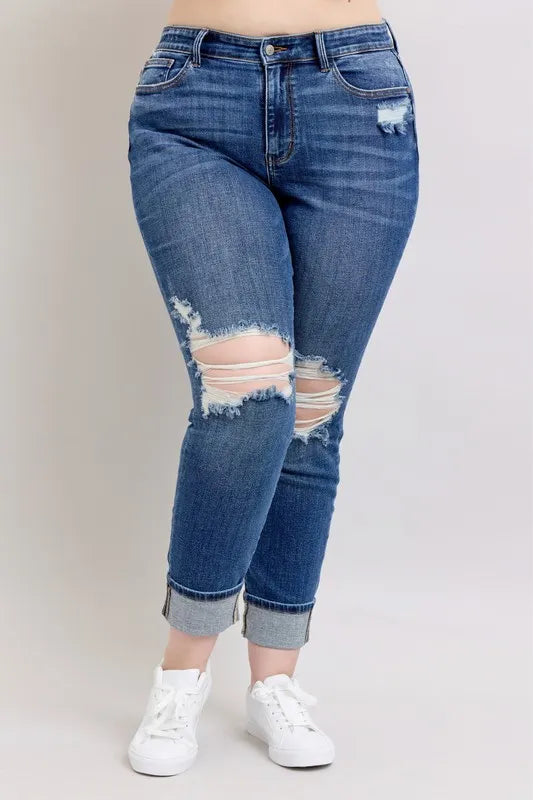 Judy Blue Full Size Midi Rise Boyfriend destroy Jeans with Yoke Pockets and Faux Selvedge Cuff Plus Size OutfitFlow