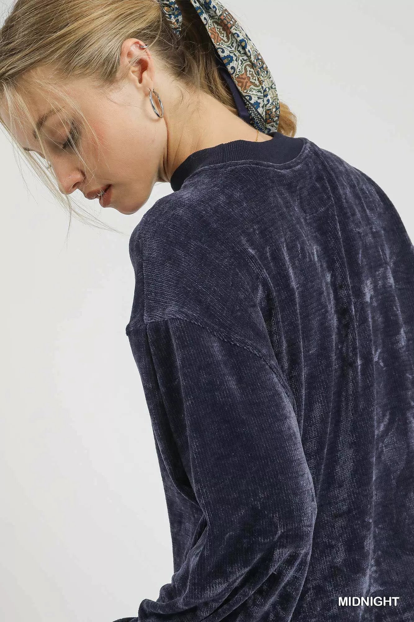 Umgee Velour Crewneck Balloon Sleeve Sweatshirt OutfitFlow