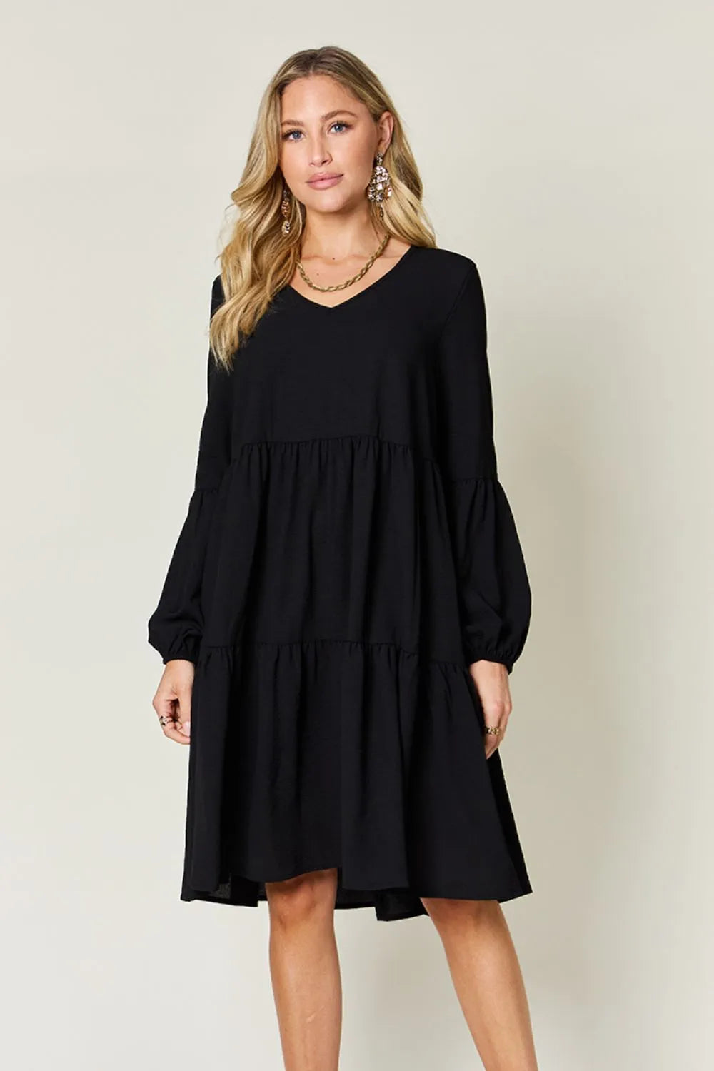 Double Take Full Size V-Neck Balloon Sleeve Tiered Dress with Pockets Black OutfitFlow